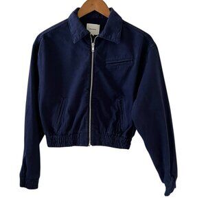 Reformation Kinsley Denim Crop Bomber Jacket In Navy Blue Size XS